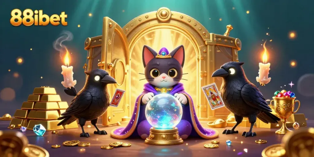 Play exciting games at 88ibet with a mystical cat and raven amidst treasures and vibrant casino symbols.