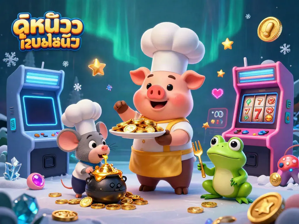 Engaging scene of ดูหนังออนไลน์ with characters Chef Pig and others showcasing gambling elements.