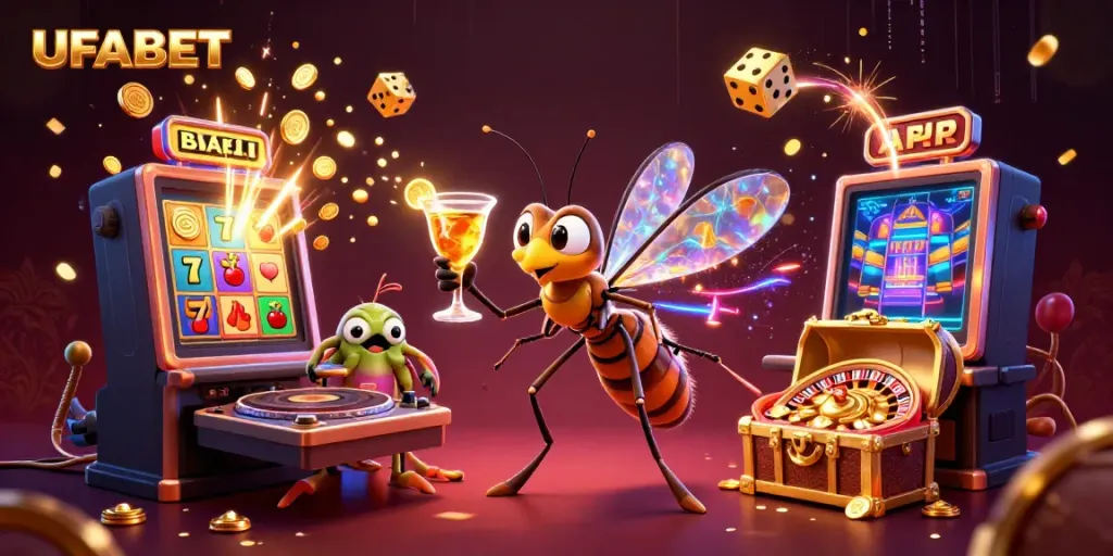 Experience the thrill of UFABET with a lively 3D scene showcasing casino mascots and dynamic game elements.