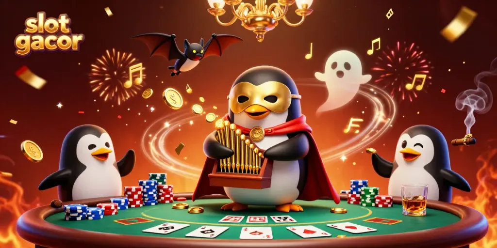 Slot gacor menampilkan penguin opera kartun bermain organ dengan koin emas dan wahana kartu poker.
