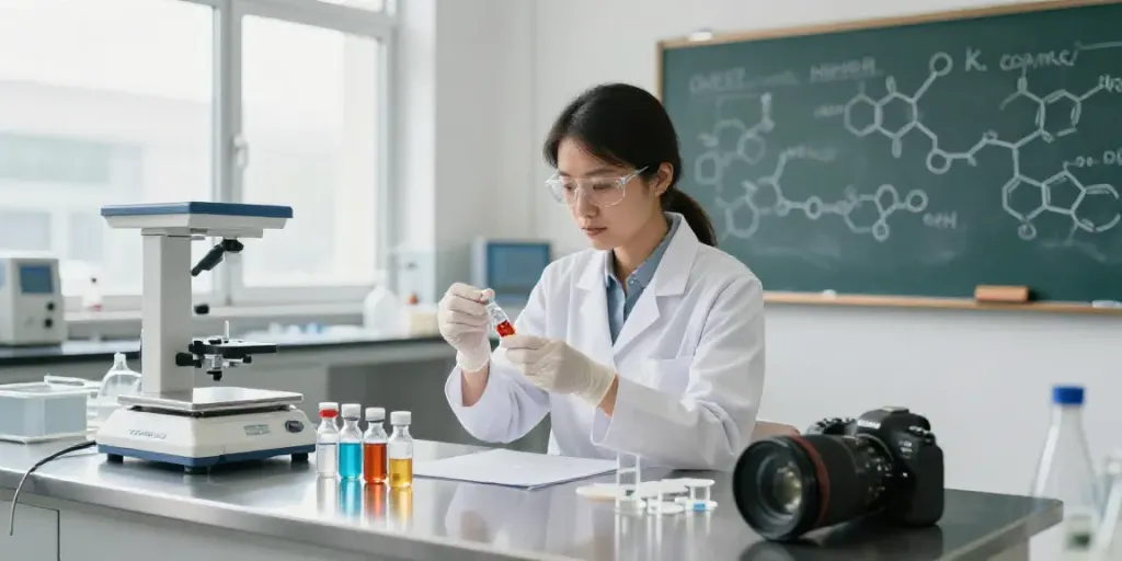 Researcher analyzing SwissChems peptides and SARMs in a bright lab