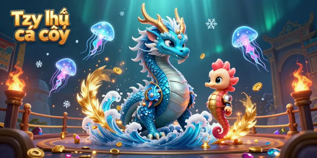 Engage in Tỷ lệ cá cược with a vibrant scene featuring a dragon, knight, and jellyfish in a betting atmosphere.