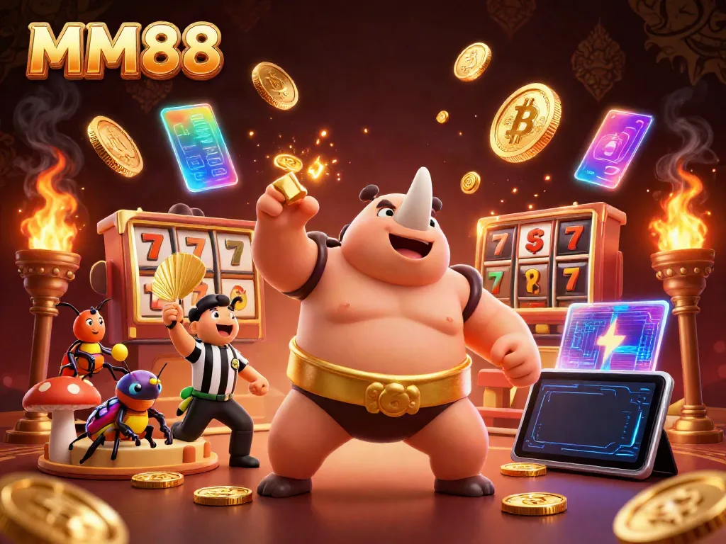 Experience the thrill of MM88 as a rhinoceros beetle champion triggers cascading golden coins in a vibrant casino atmosphere.