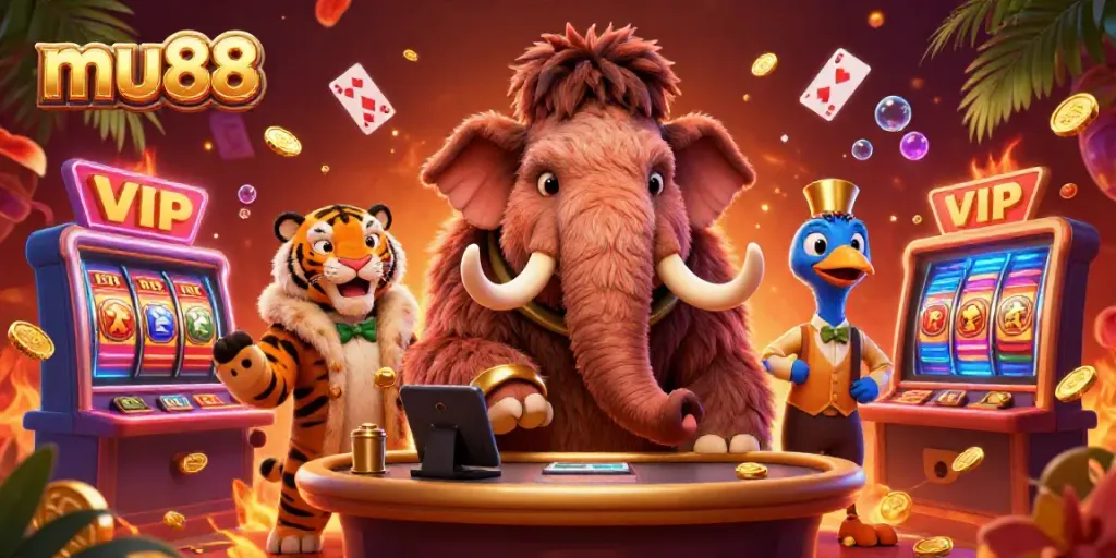 Experience the excitement of mu88 casino with a cartoon mammoth bouncer, saber-tooth VIP, and dodo bird in a vibrant gaming scene.