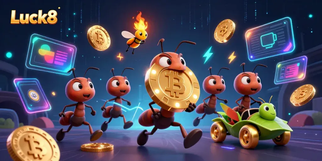 Luck8 ants executing a heist with a giant poker chip amidst neon digital elements
