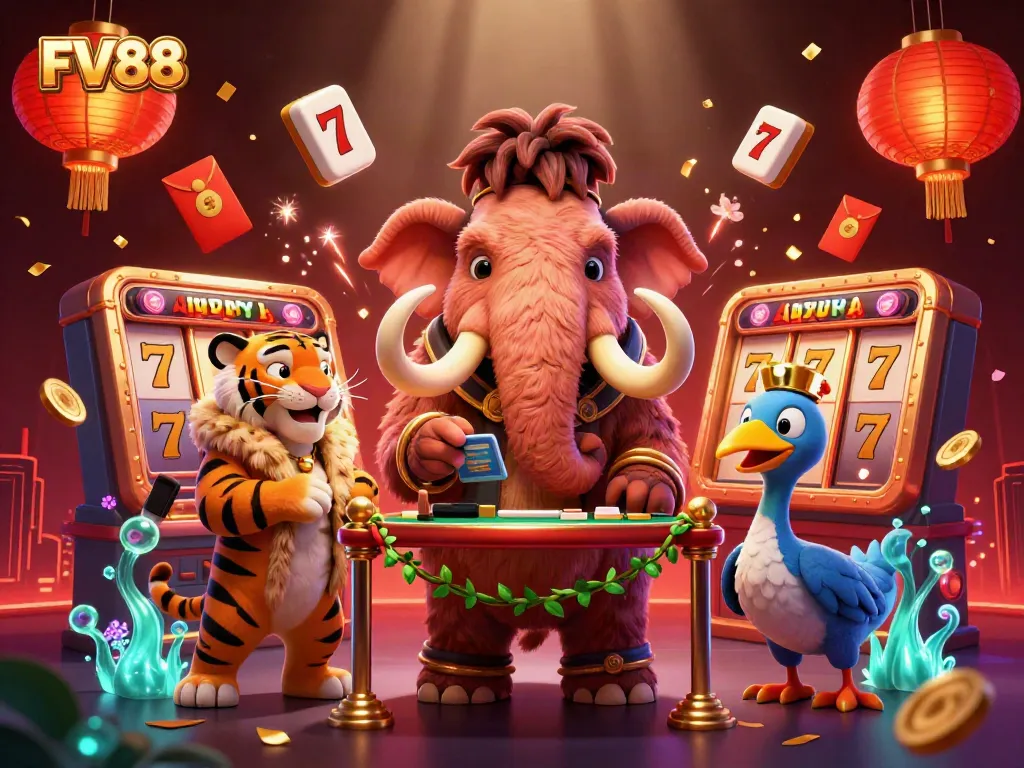 Engage with FV88's vibrant casino atmosphere featuring a woolly mammoth bouncer and exciting slot symbols.