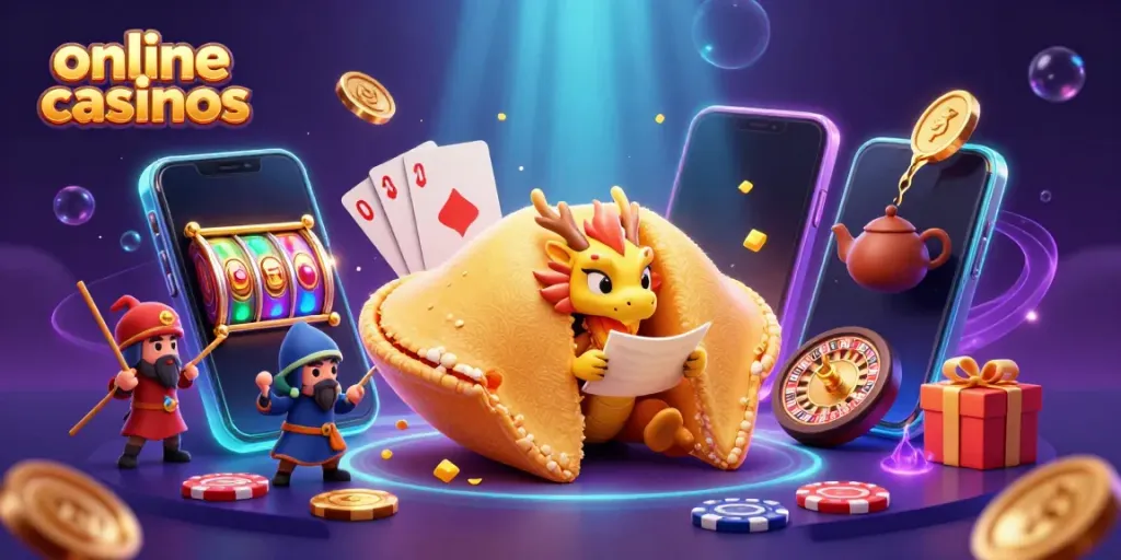 Experience thrilling online casinos with a dynamic illustration of a golden fortune cookie and magical gaming elements.