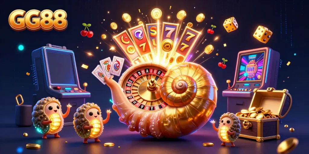 GG88 interactive gaming experience with a giant nautilus roulette wheel and slot machine jackpot display.