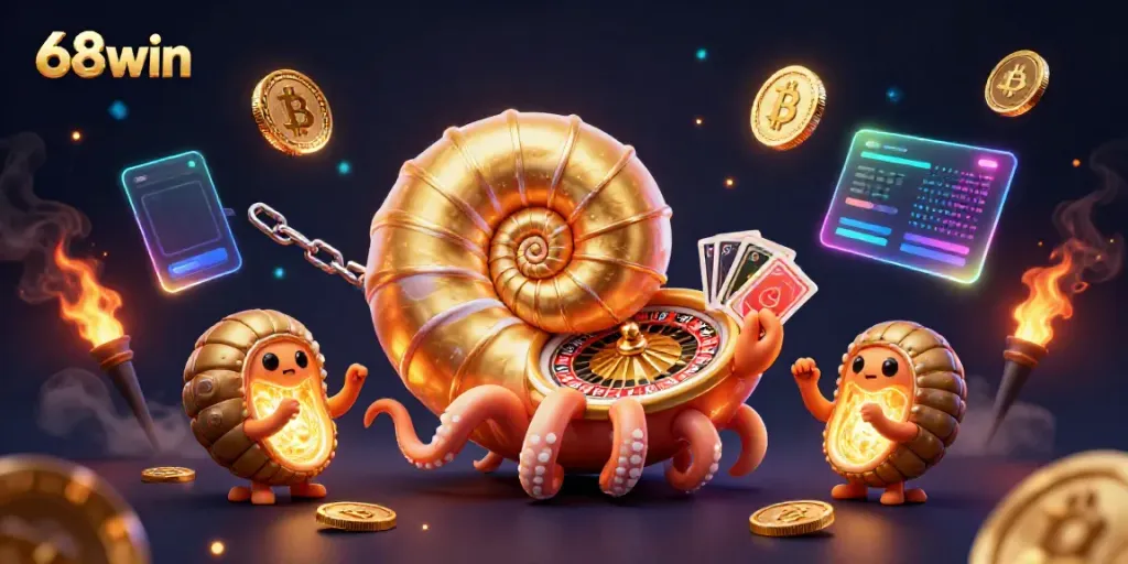 Experience thrilling moments at 68win with vibrant casino games and glowing crypto elements.