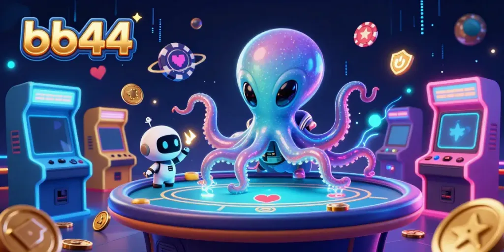 Engaging alien octopus at a holographic poker table amidst vibrant casino elements, bb44 fun.