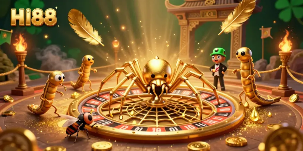 HI88 logo shines in rich 3D artwork of a golden spider and gambling scene.
