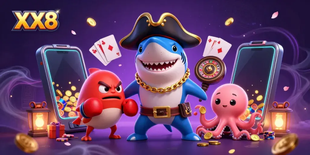 Join the fun at XX8 with a pirate shark and friends enjoying colorful casino games in a vibrant scene.