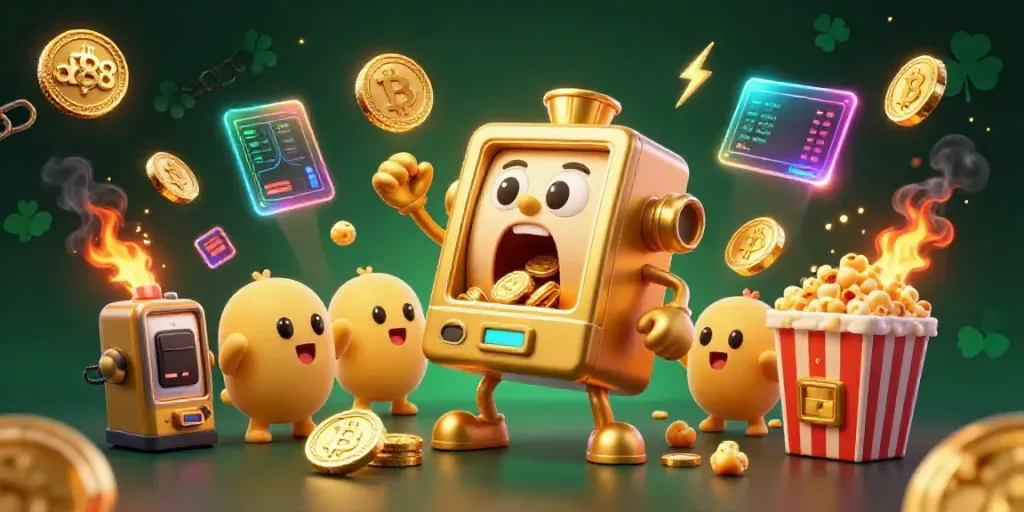 Spin the reels and win with ad88, featuring a golden slot machine celebrating its jackpot amidst festive coins and lights.