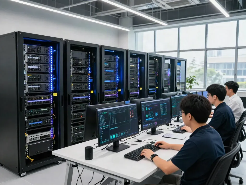 Advanced AI data center with GPU racks and technicians monitoring systems.