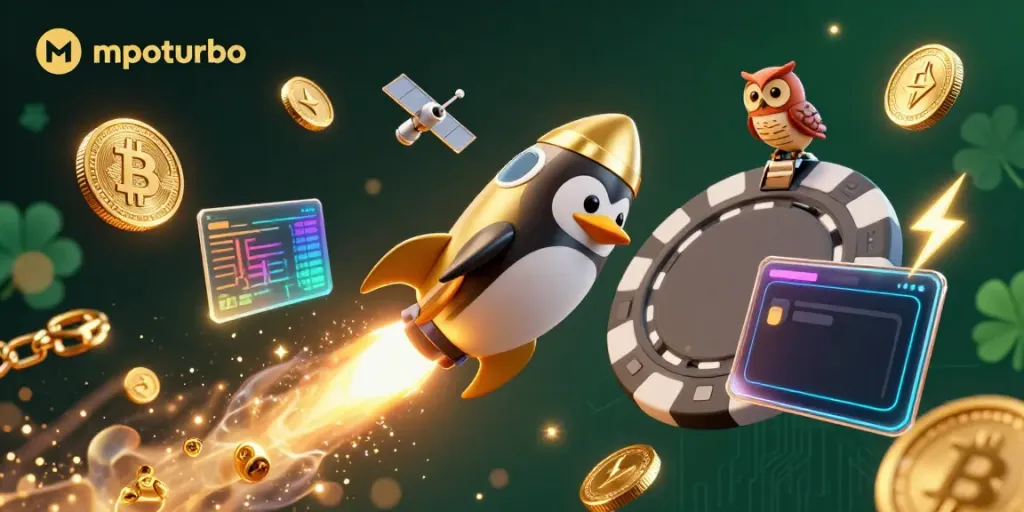 Engage with the m poturbo rocket penguin blasting towards a vibrant casino in a cosmic world of crypto!