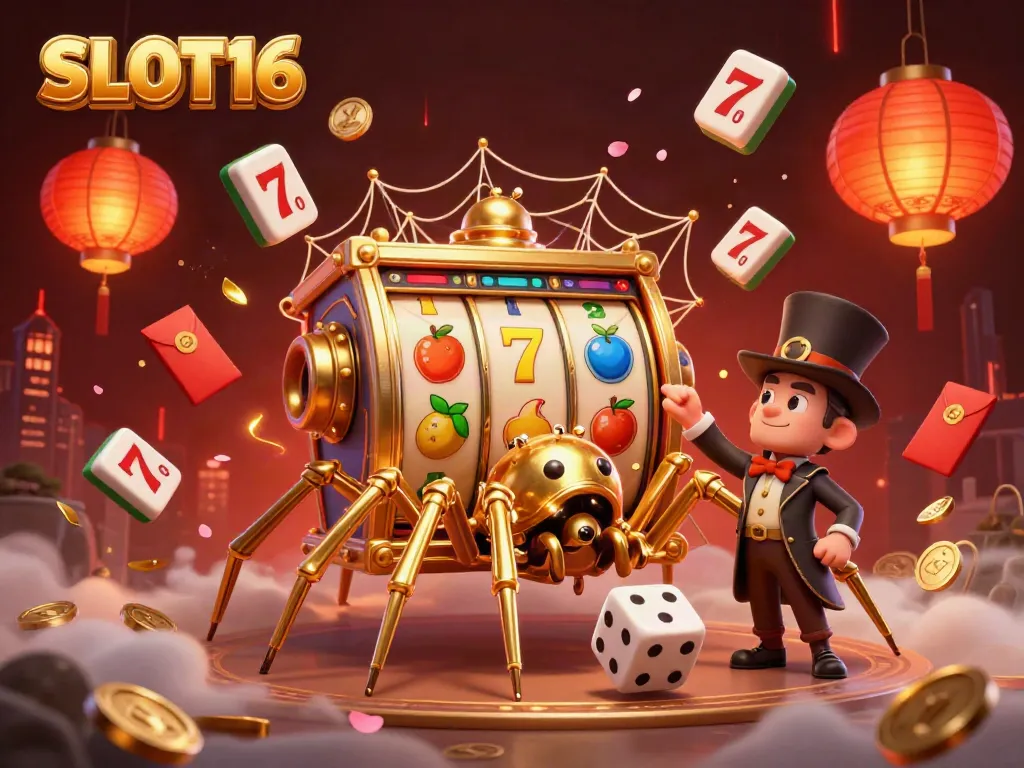 SLOT16 showcases a golden spider catching dice in a vibrant steampunk casino scene enriched with slots, luck, and energy.