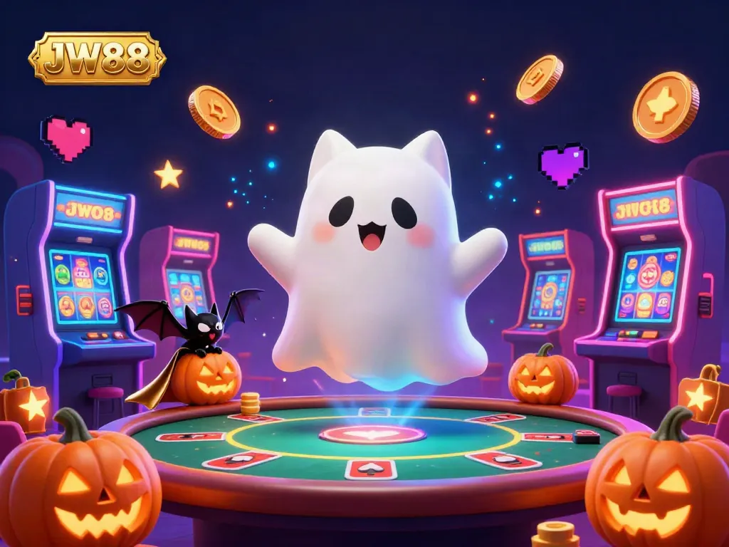 Experience the vibrant JW88 casino world with a friendly ghost cat and gaming elements glimmering around.