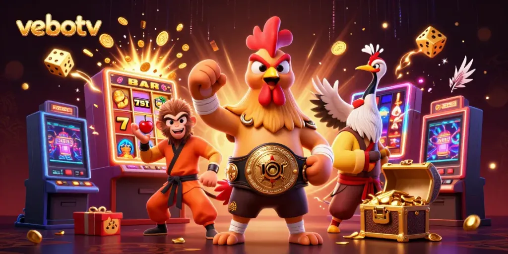 View vebotv's vibrant gambling-themed 3D illustration featuring dynamic characters and jackpot excitement.