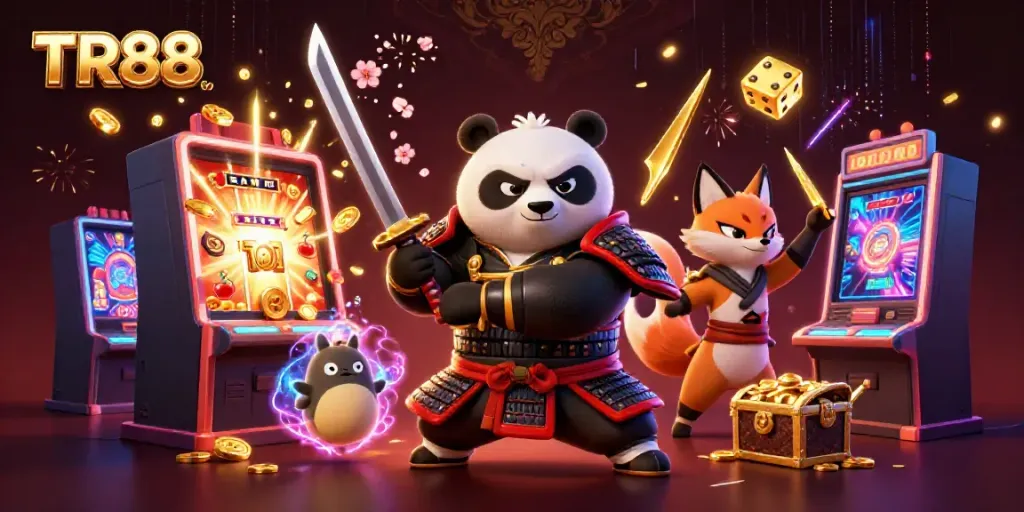 Experience thrilling wins with TR88 in a dynamic casino scene featuring vivid characters and exciting game elements.