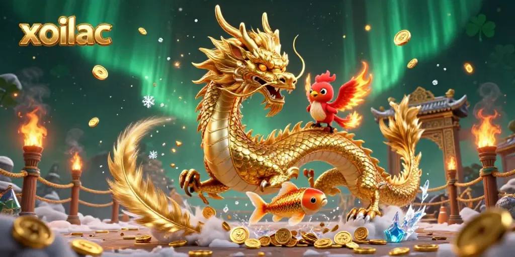 Experience the thrilling excitement of xoilac with a dragon, phoenix, and koi fish amidst dynamic gaming elements.