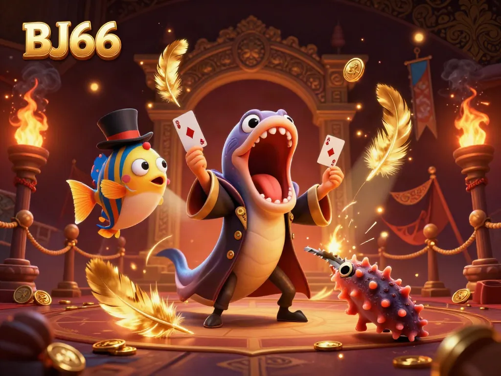 BJ66 showcases a lively scene with sea creatures performing magic tricks in an engaging casino setting.