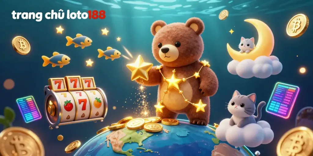 Experience the excitement of trang chủ loto188 with a vibrant 3D illustration featuring a constellation bear and casino elements.