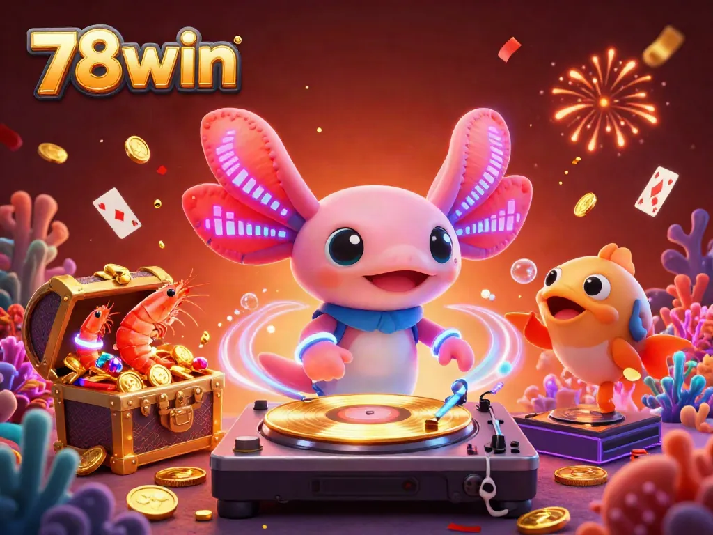 Experience the excitement of 78win with a neon-colored axolotl DJ spinning underwater in a colorful treasure-filled scene.