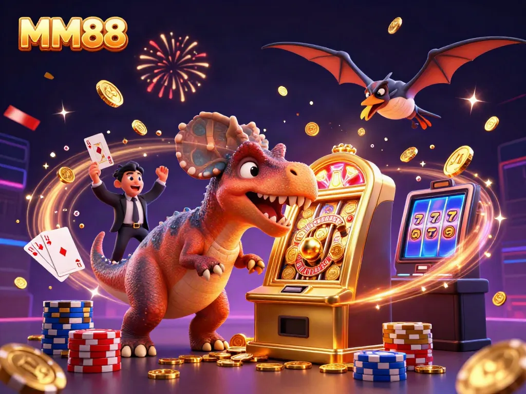 Experience a vibrant gaming scene with MM88 featuring lottery characters and cascading treasures.