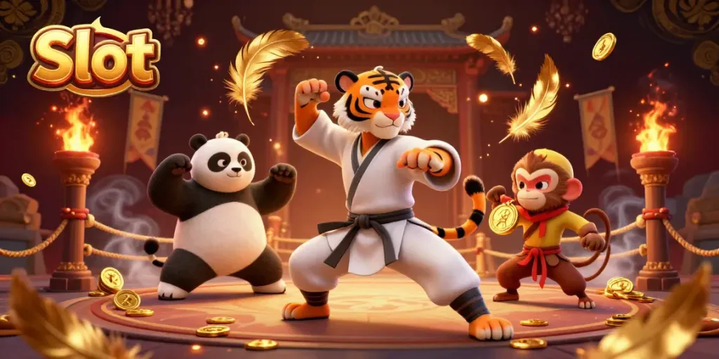 Engage in thrilling slot action with a kung fu tiger master, panda disciple, and monkey student amid golden prizes.