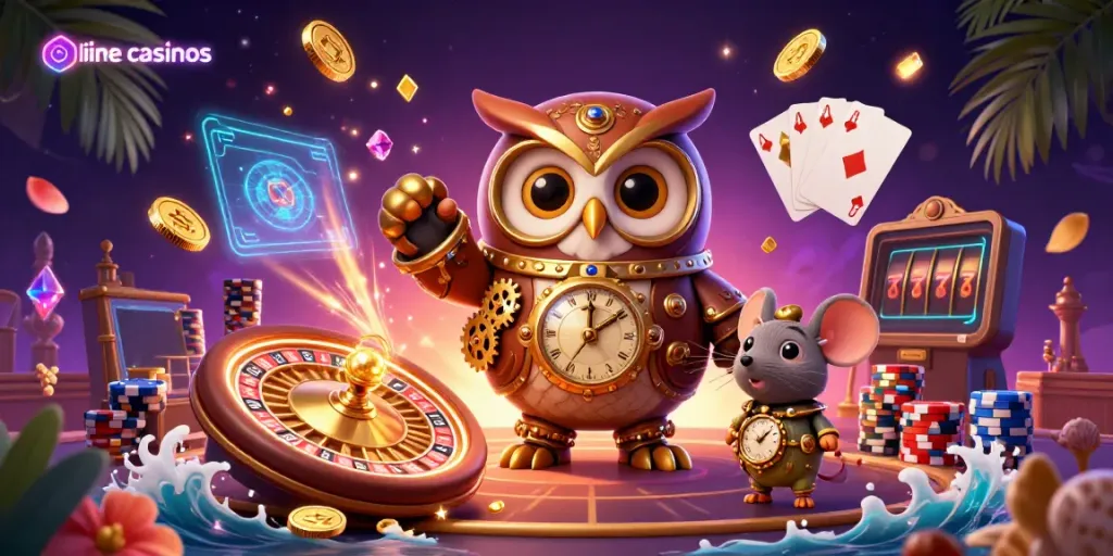 Experience exciting online casinos with 3D owl and gem-filled casino scene, highlighting thrilling gameplay.