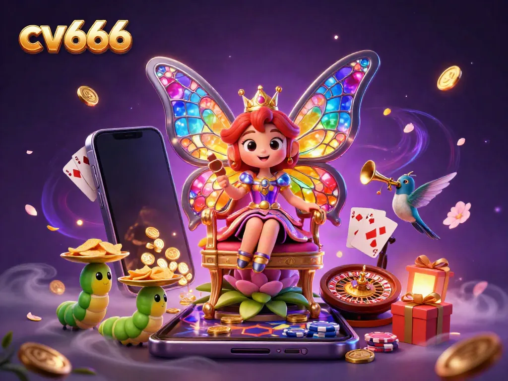 Play exciting games at cv666 with fantasy elements, featuring a butterfly queen and casino elements.