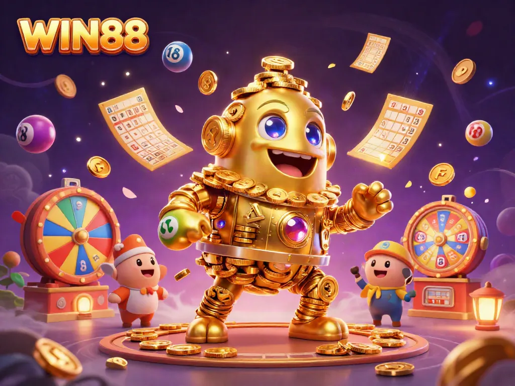 Engage with WIN88's thrilling casino adventures featuring a dynamic golden golem surrounded by vibrant gaming elements.