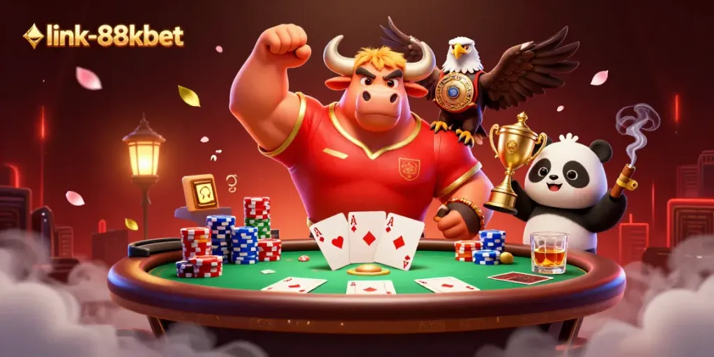 Engage with link-88kbet in a vibrant victory scene featuring a cartoon bull, eagle, and panda surrounded by gambling elements.