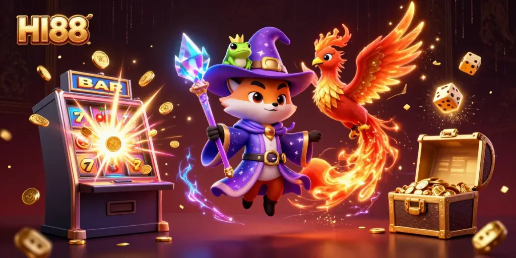 Experience thrilling HI88 gaming with a mystical fox wizard and a fiery phoenix in action.