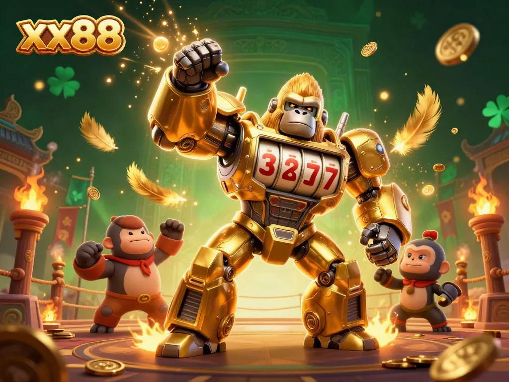 Join the fun at xx88 with a golden gorilla mech and casino-themed elements for an exciting gaming adventure.