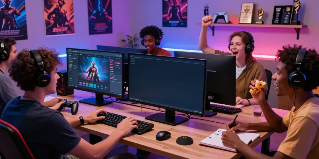 Friends enjoying a gaming night with QQMacan platform on screen, vibrant atmosphere.