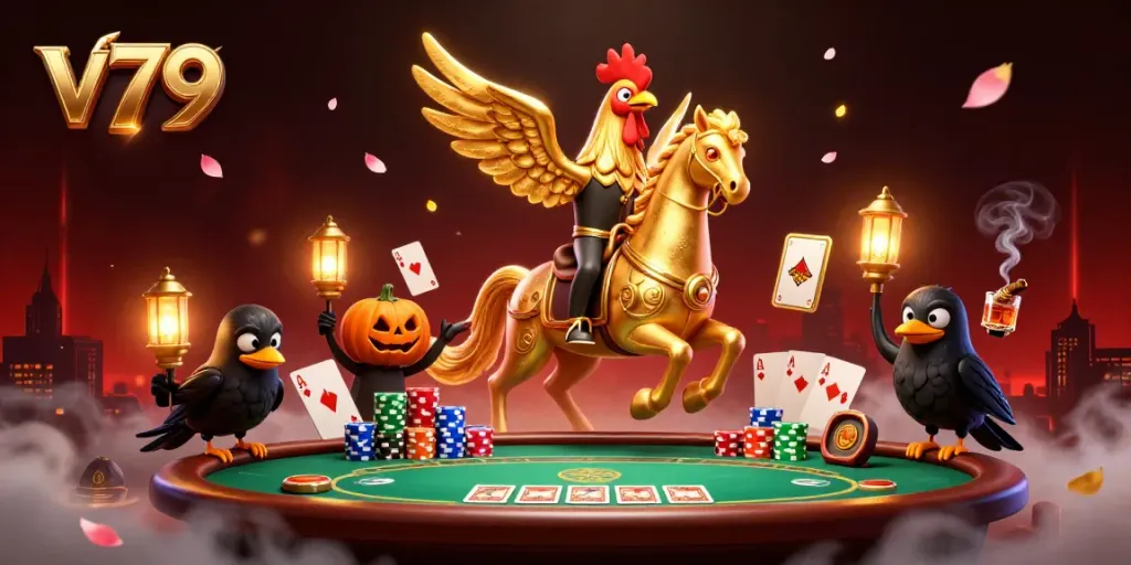 Experience thrilling wins at v79 with a dynamic casino scene featuring a golden rooster and poker action.