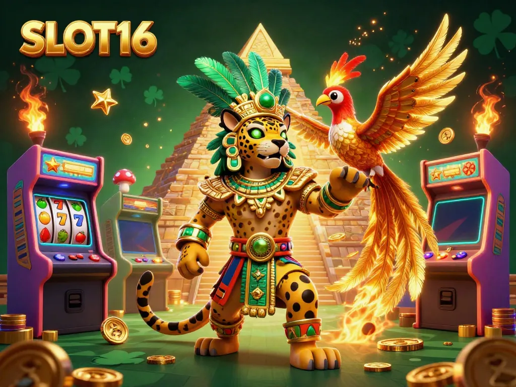 SLOT16 themed illustration showcasing a Mayan jaguar priest with a quetzal bird amidst slot machines and golden coins.