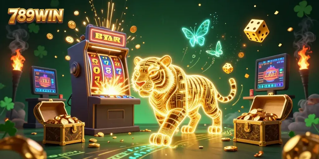 Engage with thrilling casino entertainment at 789WIN, featuring a vibrant digital casino scene with slot symbols and fireworks.