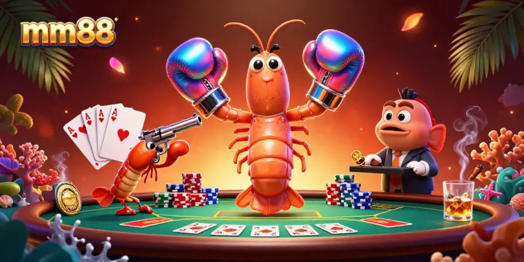 Engaging mm88 poker scene featuring vibrant cartoon shrimp characters amplifying the gambling excitement.