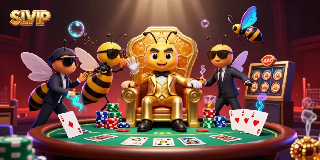 Engage with SLVIP's vibrant gameplay at a lively casino scene featuring a bumblebee mob boss.