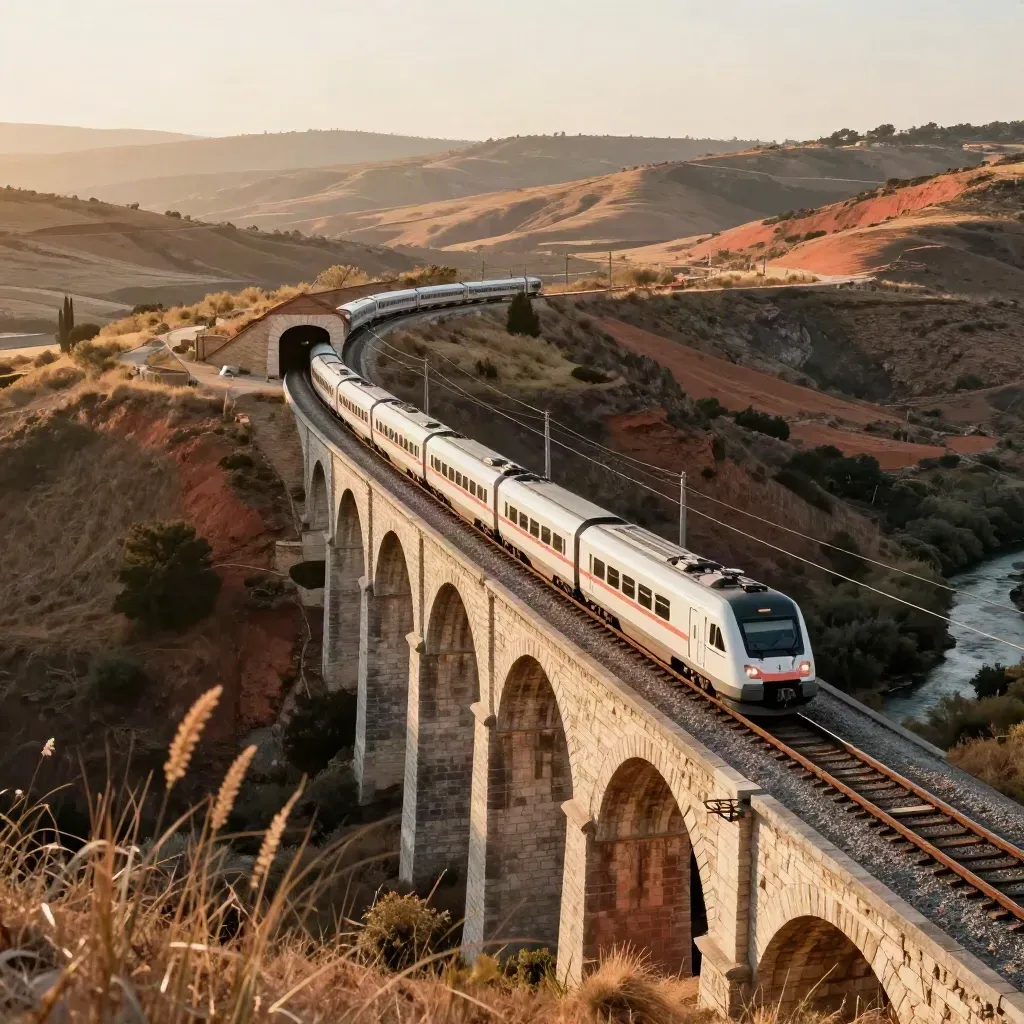 White train crossing a stone viaduct above dry hills and a river valley at golden hour.