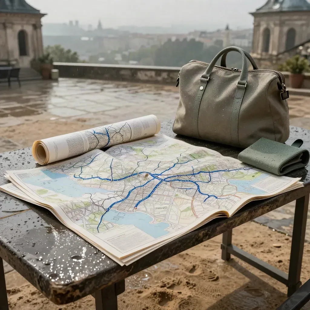 Rain-spread travel map, guide folios, route scroll and canvas day bag in moody light.