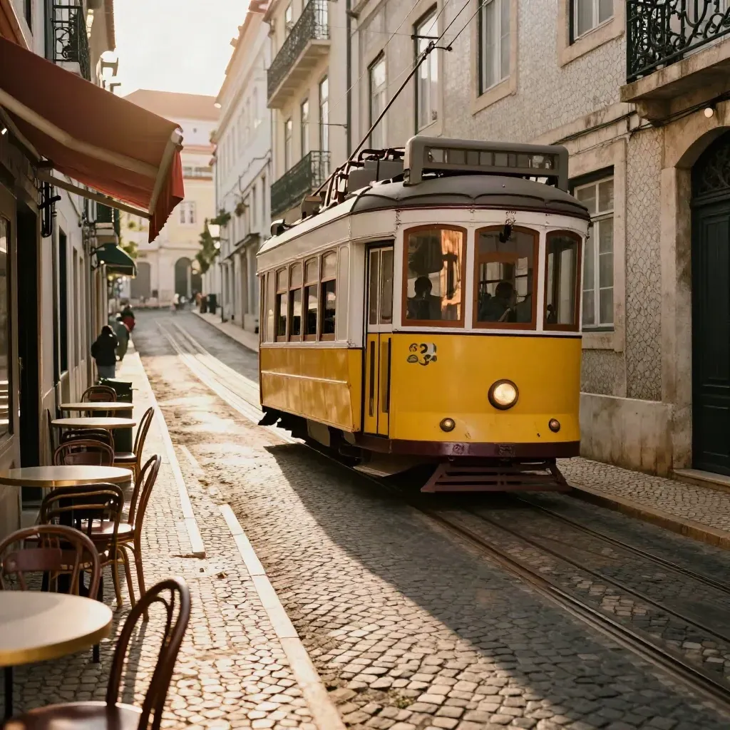 Yellow Lisbon tram climbing a steep cobbled corner beside pastel facades and empty café chairs.