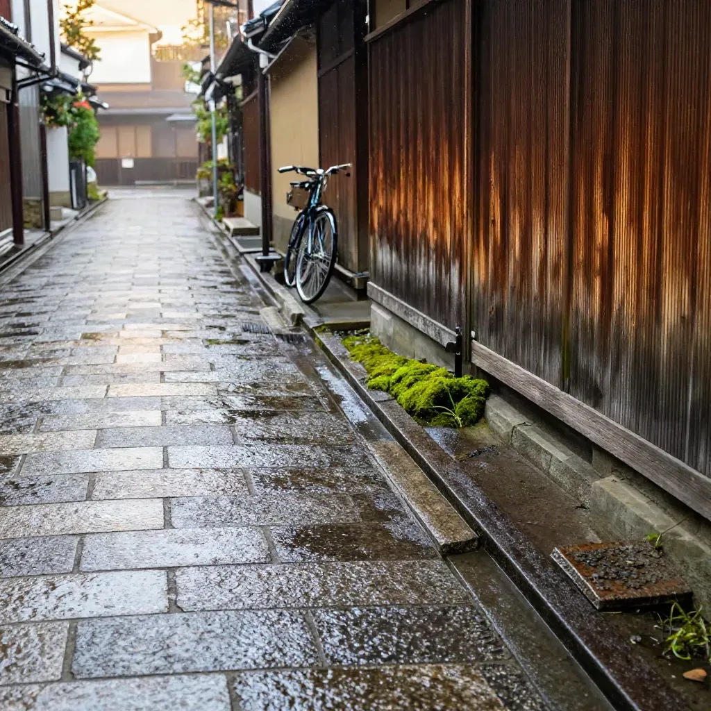 Rain-soaked Kyoto side street with mossy thresholds, cedar walls, bicycle wheel and mist.