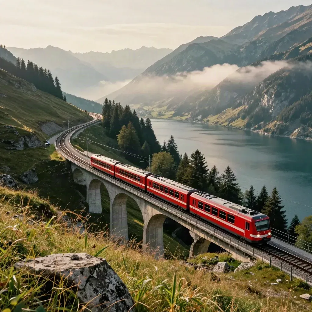 Red Swiss train on a high viaduct above a slate lake and fir slope, seen from a hillside turnout.