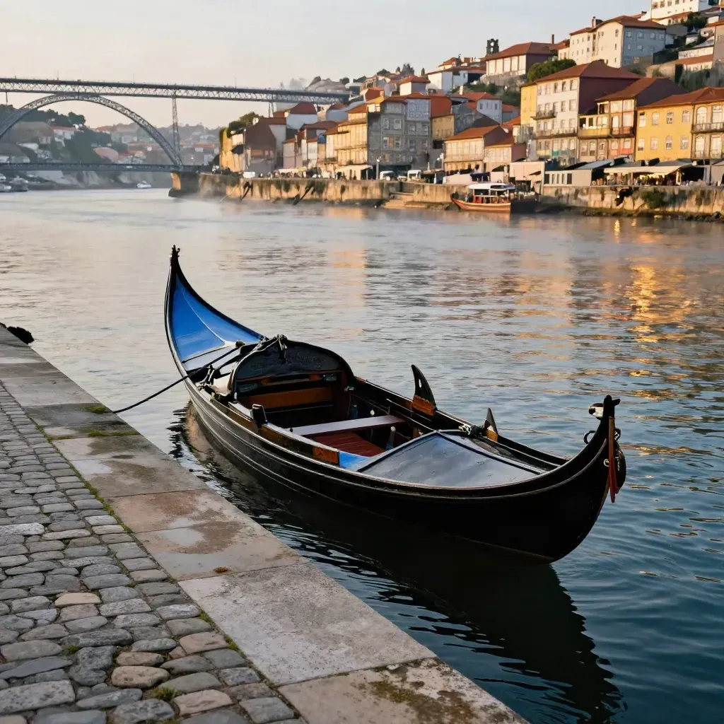 Moored rabelo boat on Porto quay at blue hour with mist, tiled facades, and bridge arch.