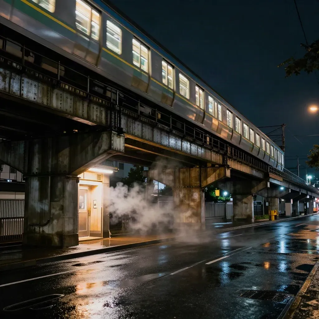 Tokyo rail line above wet pavement, steam and a late train streaking past a ramen glow at night.