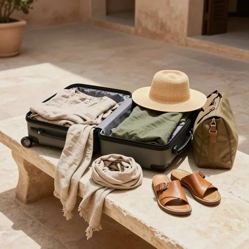 Open carry-on with linen, hat, scarf, sandals and day bag on a pale stone bench in Morocco.