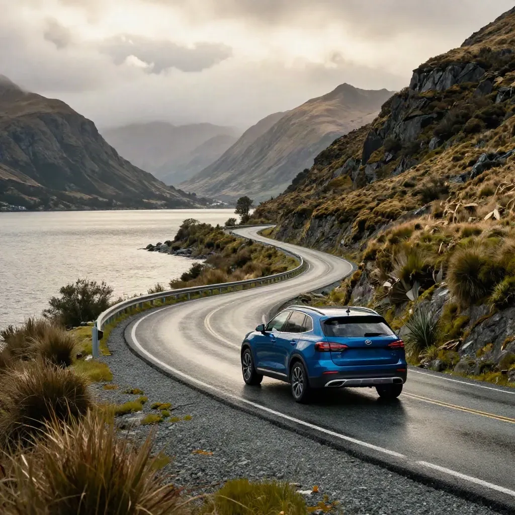 Atlas blue SUV rounding a lakeside bend in New Zealand beneath cloud-wrapped peaks.